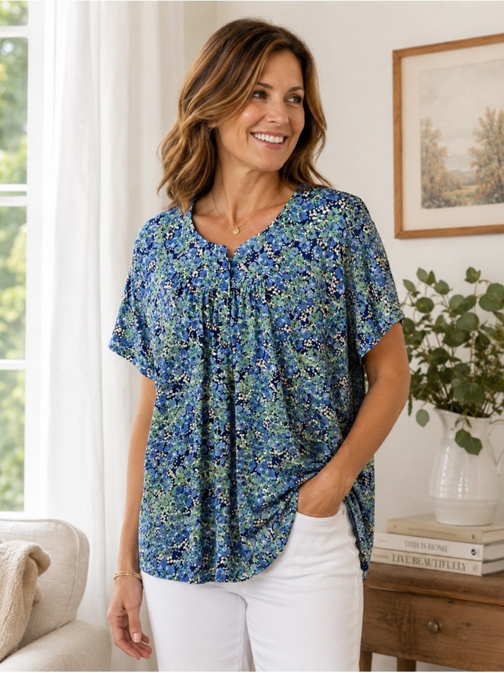 Jones & Co Blouse Women 2X Blue Floral Boho Peasant Top Plus Size Short Sleeve